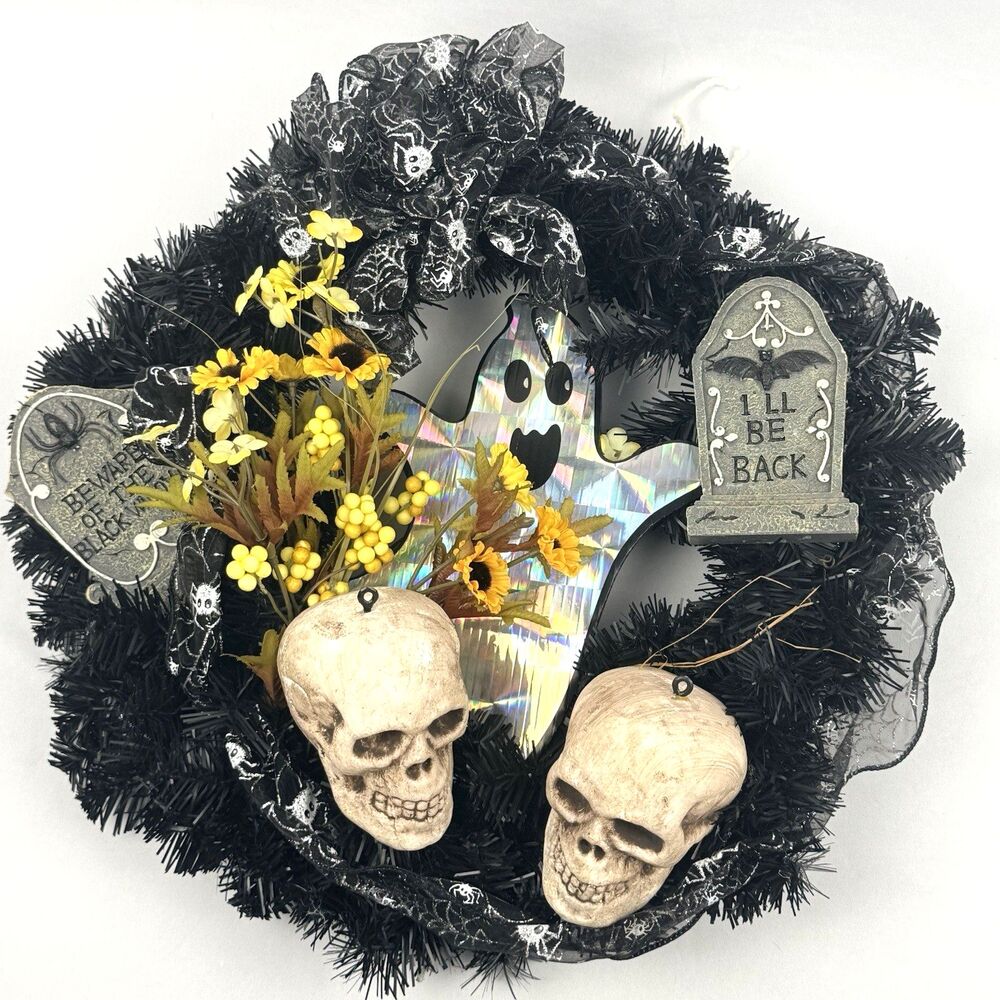 Halloween Skull Wreath Black Tinsel Ribbon Artificial Wreath Front Door 16"